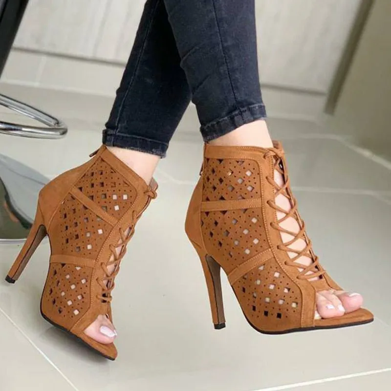 Amozae-2024 Fashion Ladies Boots Party Pumps Females Boots Women High Heels Pumps   Hollow Out Lace-Up Cross-Tied Women Sandals