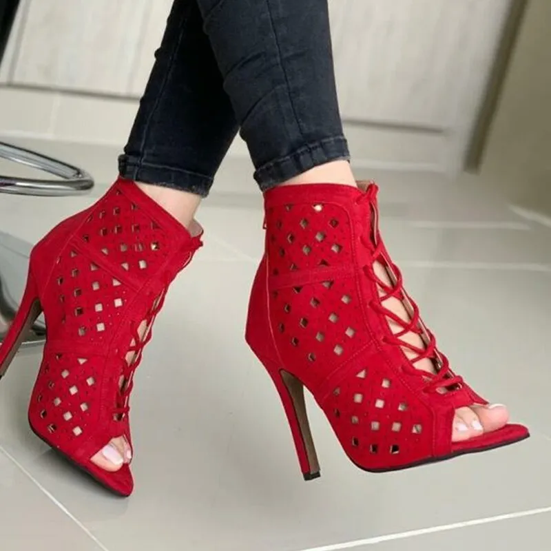 Amozae-2024 Fashion Ladies Boots Party Pumps Females Boots Women High Heels Pumps   Hollow Out Lace-Up Cross-Tied Women Sandals