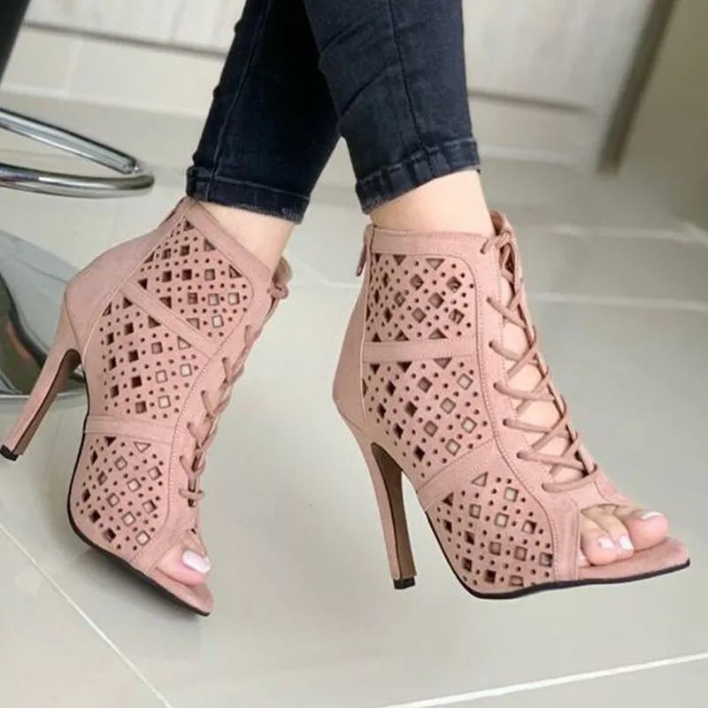 Amozae-2024 Fashion Ladies Boots Party Pumps Females Boots Women High Heels Pumps   Hollow Out Lace-Up Cross-Tied Women Sandals