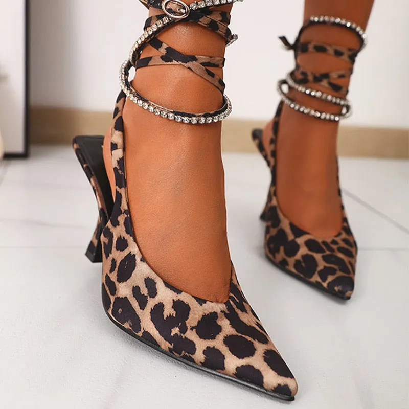 Amozae-Back to college Tino Kino   Rhinestones Sandals Women Leopard Thin High Heels Ladies Pumps Ankle Strap Female   Summer New Party Shoes