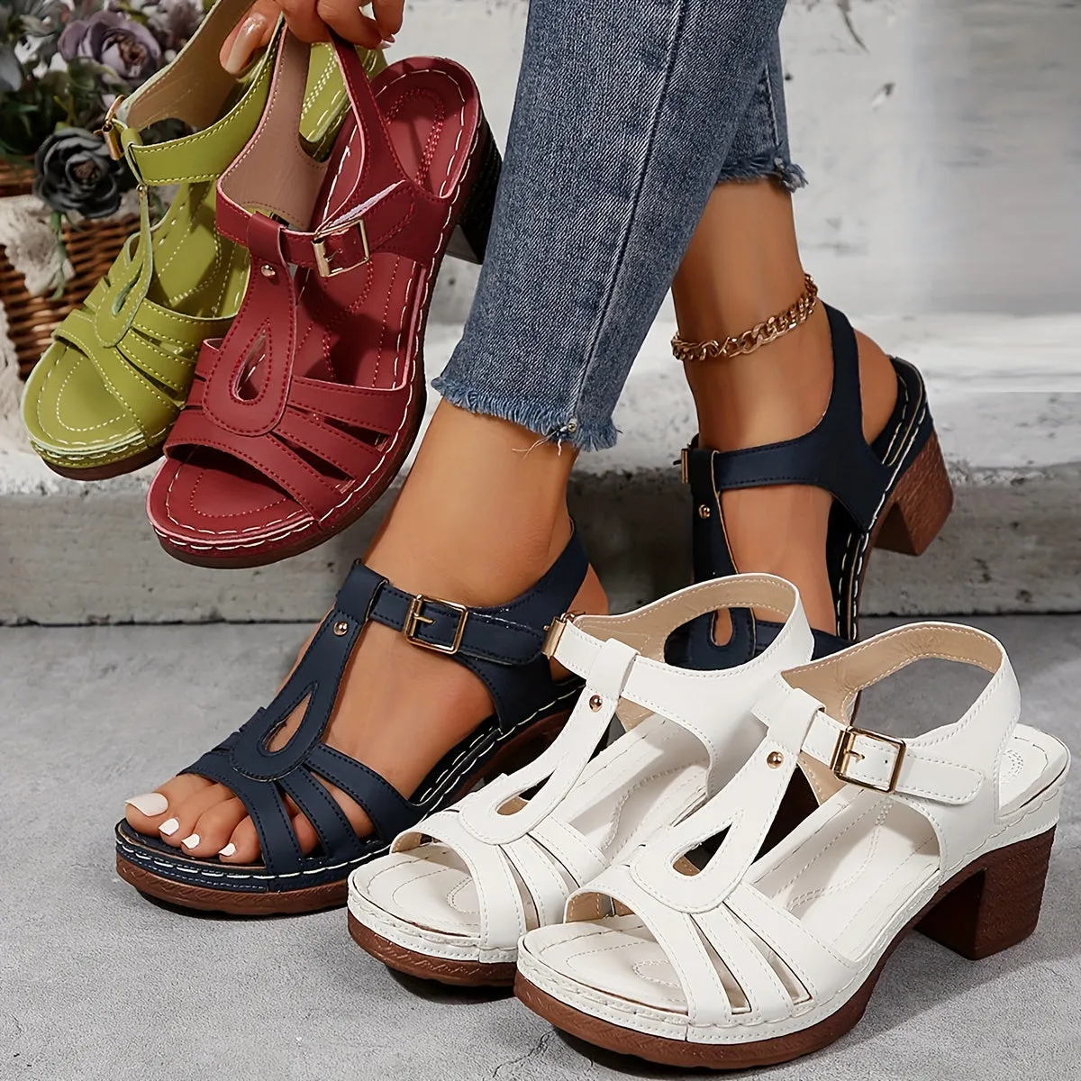 Amozae-Chic Womens Solid Color Sandals - T-Strap High Heels for Summer - Comfortable Non-Slip Chunky Heels, Perfect for Casual Everyday Style