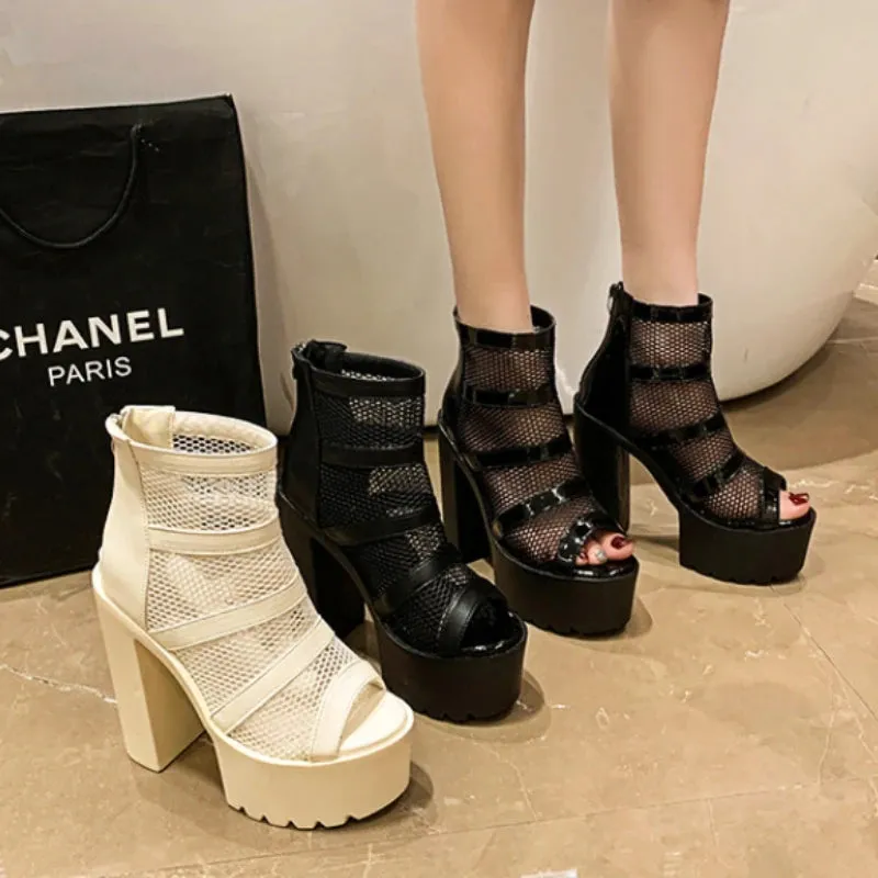 Amozae-High Heeled Sandals Women 2023 Summer Thick Heel Mesh Yarn Design Boots for Women Waterproof Platform Shoes Hollow Roman Sandals