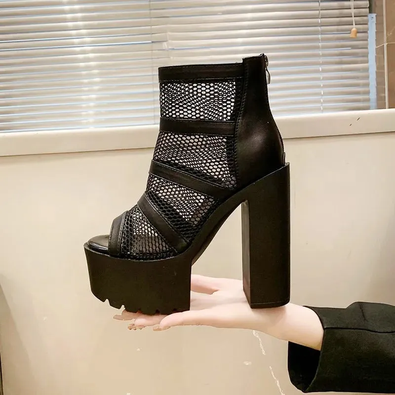 Amozae-High Heeled Sandals Women 2023 Summer Thick Heel Mesh Yarn Design Boots for Women Waterproof Platform Shoes Hollow Roman Sandals