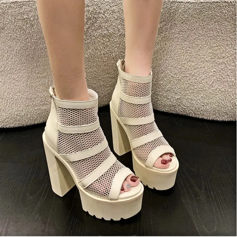 Amozae-High Heeled Sandals Women 2023 Summer Thick Heel Mesh Yarn Design Boots for Women Waterproof Platform Shoes Hollow Roman Sandals