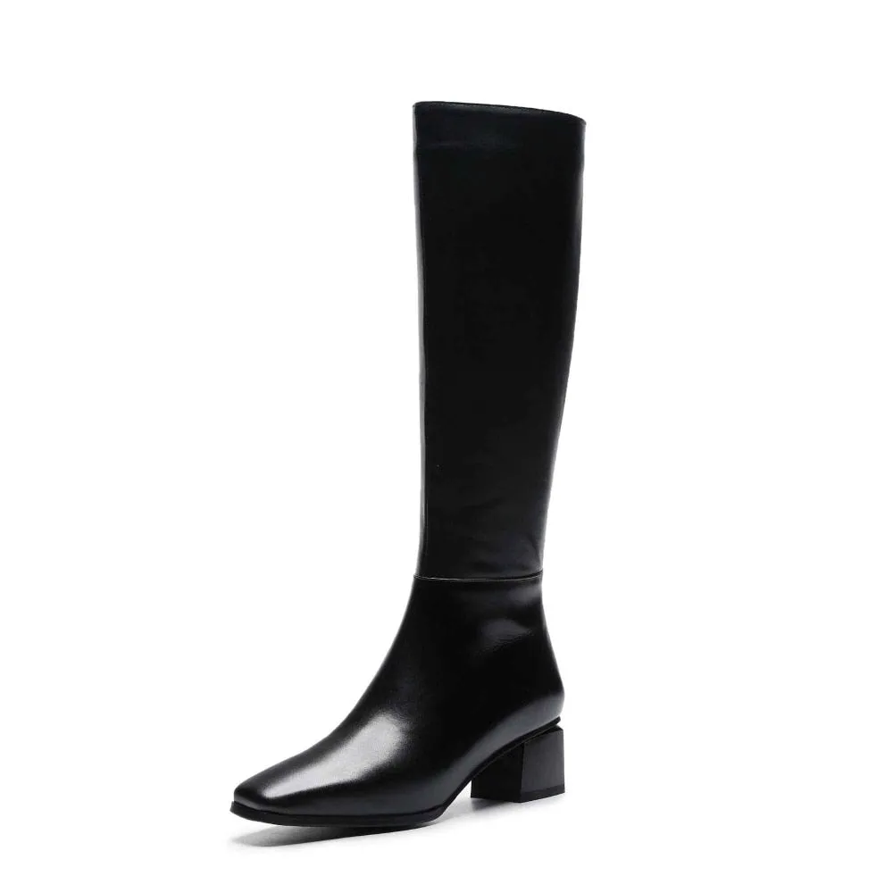 Amozae-Krazing Pot genuine leather big size thick handsome long boots med heel square toe women keep warm riding knee-high boots L0f8