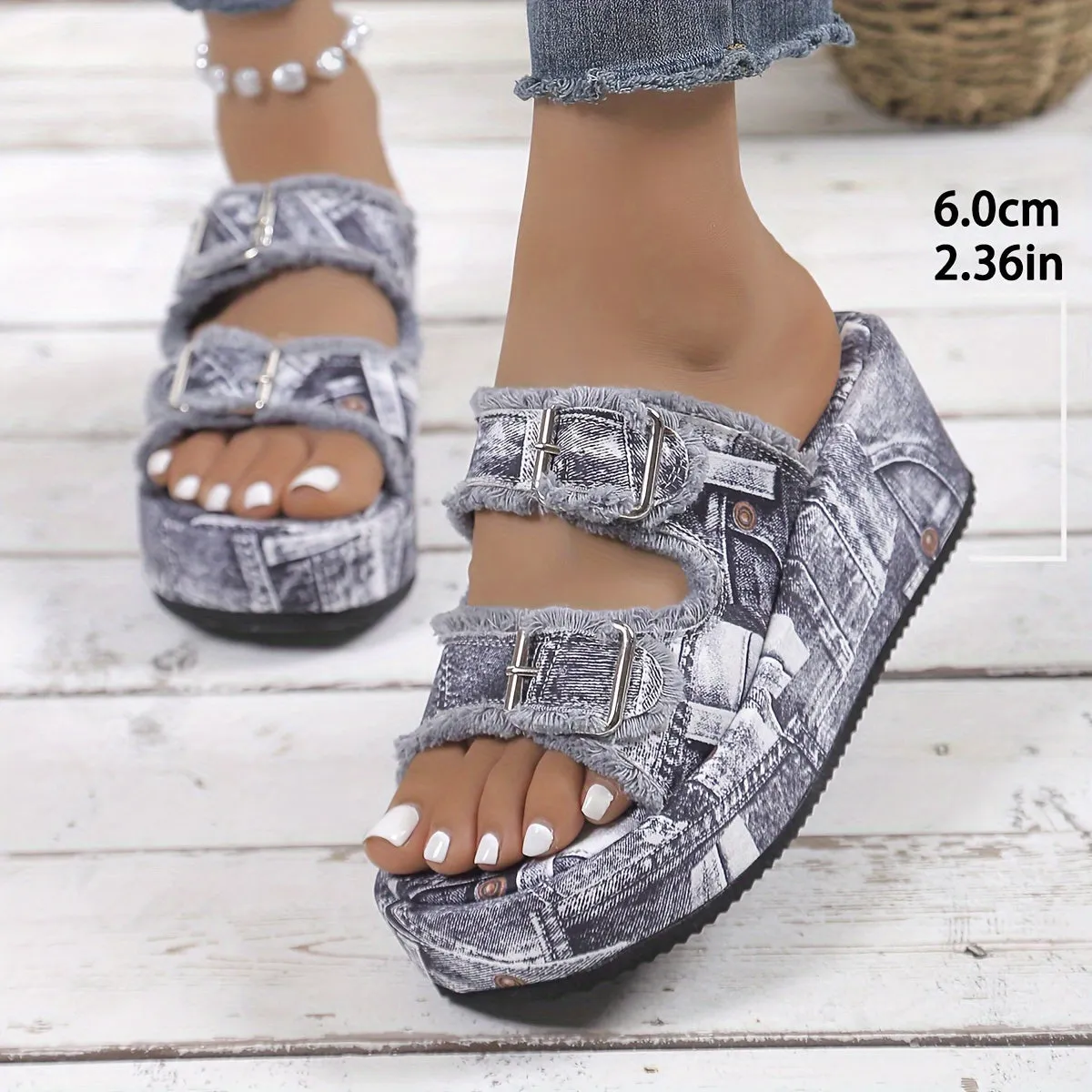 Amozae-Mid Heel Denim Wedge Sandals - Slip-on, Platform Heel, Open Toe, Faux Leather Lining, EVA Sole, Solid Color, Vacation Style, Casual Outdoor Summer Shoes for Women