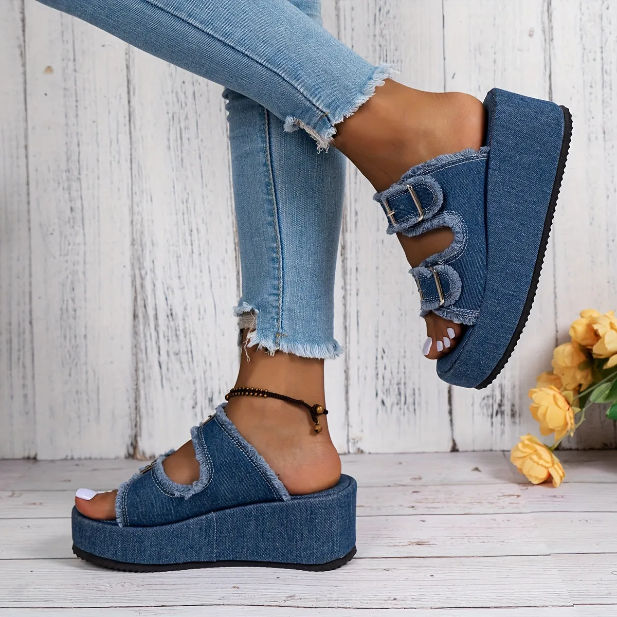 Amozae-Mid Heel Denim Wedge Sandals - Slip-on, Platform Heel, Open Toe, Faux Leather Lining, EVA Sole, Solid Color, Vacation Style, Casual Outdoor Summer Shoes for Women