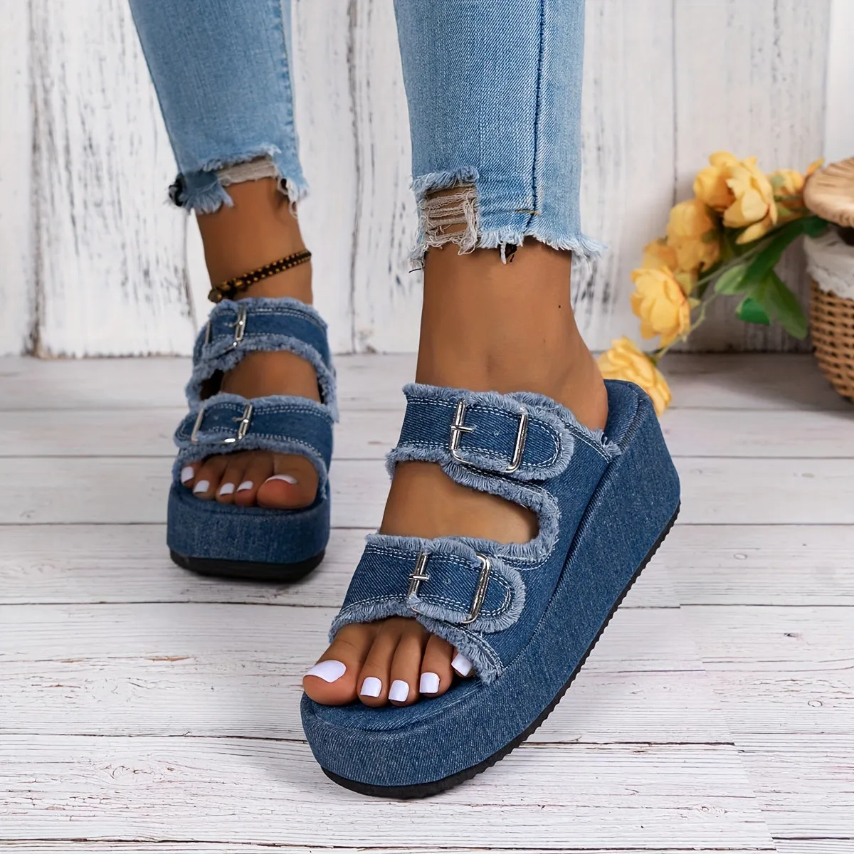 Amozae-Mid Heel Denim Wedge Sandals - Slip-on, Platform Heel, Open Toe, Faux Leather Lining, EVA Sole, Solid Color, Vacation Style, Casual Outdoor Summer Shoes for Women