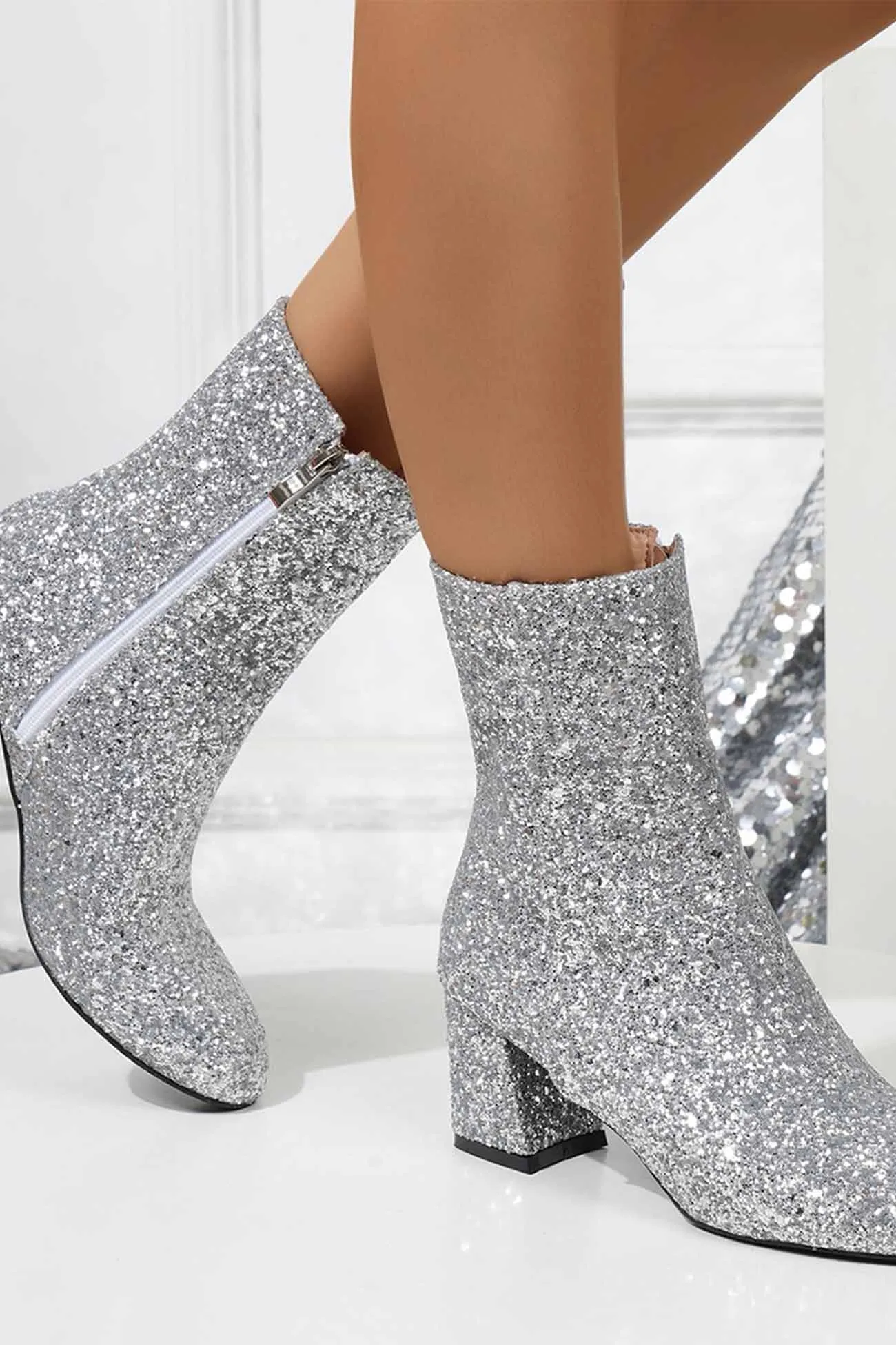 Amozae-Sequined Block Heels Ankle Heels