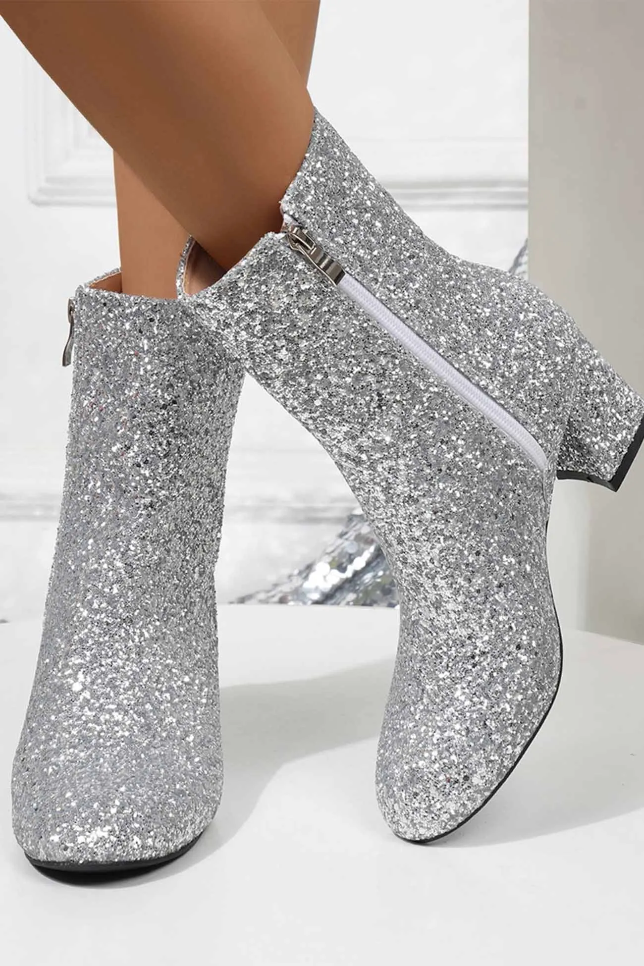 Amozae-Sequined Block Heels Ankle Heels