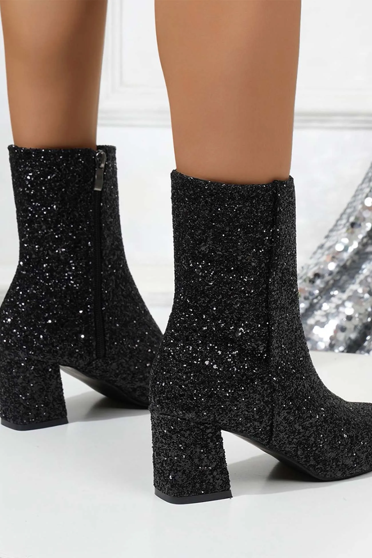 Amozae-Sequined Block Heels Ankle Heels