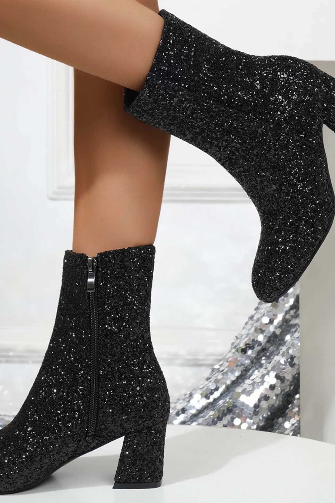 Amozae-Sequined Block Heels Ankle Heels