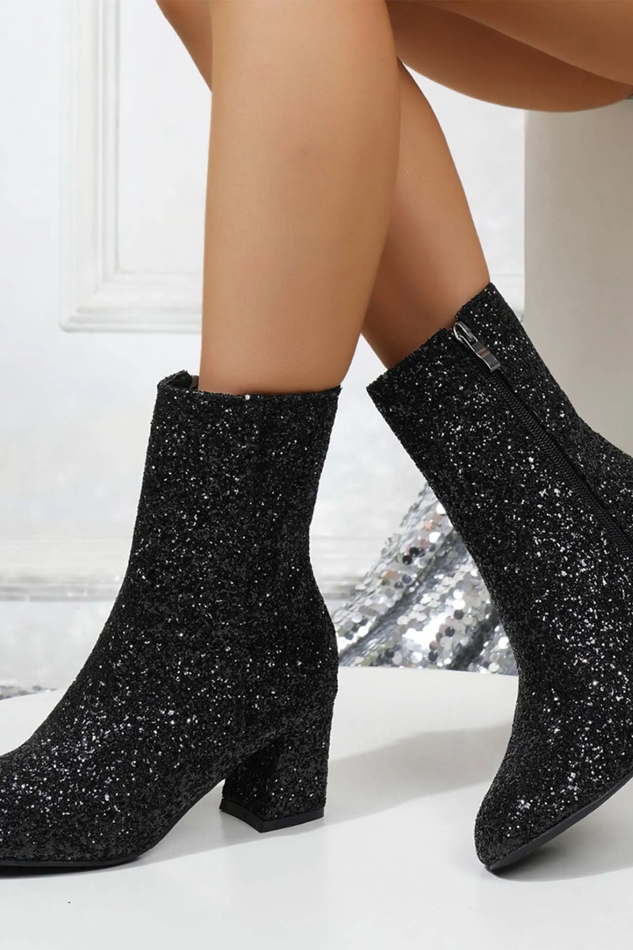 Amozae-Sequined Block Heels Ankle Heels