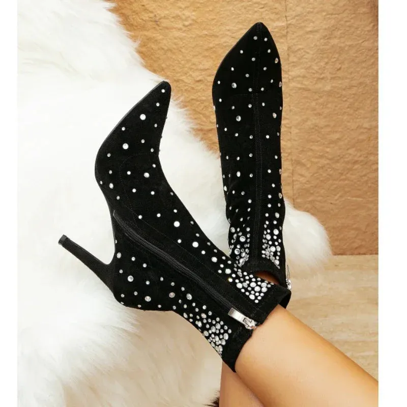 Amozae-Sexy Ankle Boots Women Rhinestones Designer Short Boots Nightclub Shiny Stretch Boots Black Pointed Toe Stiletto Heeled Boots