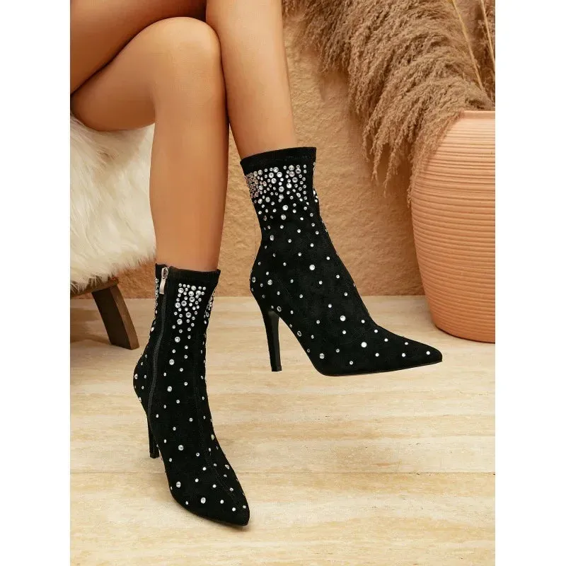 Amozae-Sexy Ankle Boots Women Rhinestones Designer Short Boots Nightclub Shiny Stretch Boots Black Pointed Toe Stiletto Heeled Boots