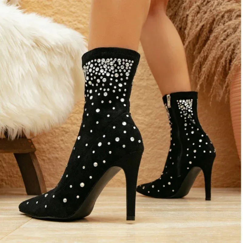 Amozae-Sexy Ankle Boots Women Rhinestones Designer Short Boots Nightclub Shiny Stretch Boots Black Pointed Toe Stiletto Heeled Boots