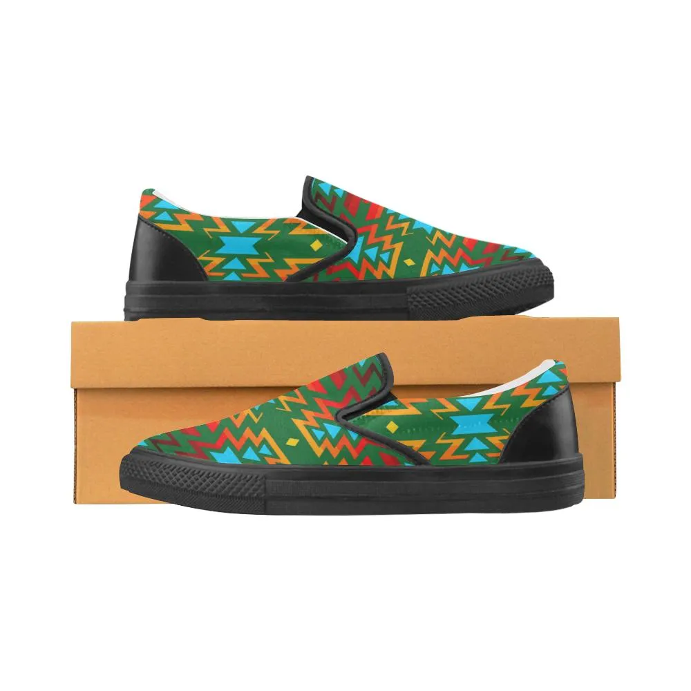 Big Pattern Fire Colors and Sky green Men's Unusual Slip-on Canvas Shoes