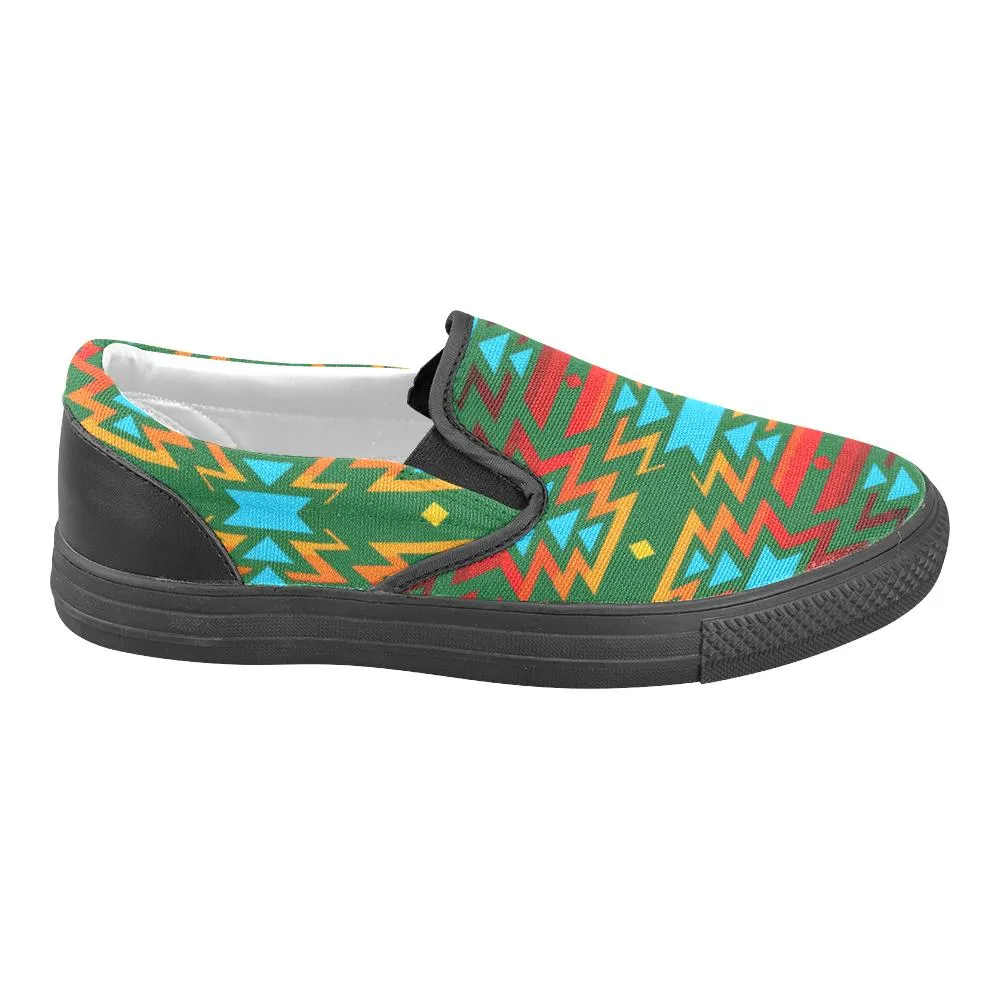 Big Pattern Fire Colors and Sky green Men's Unusual Slip-on Canvas Shoes