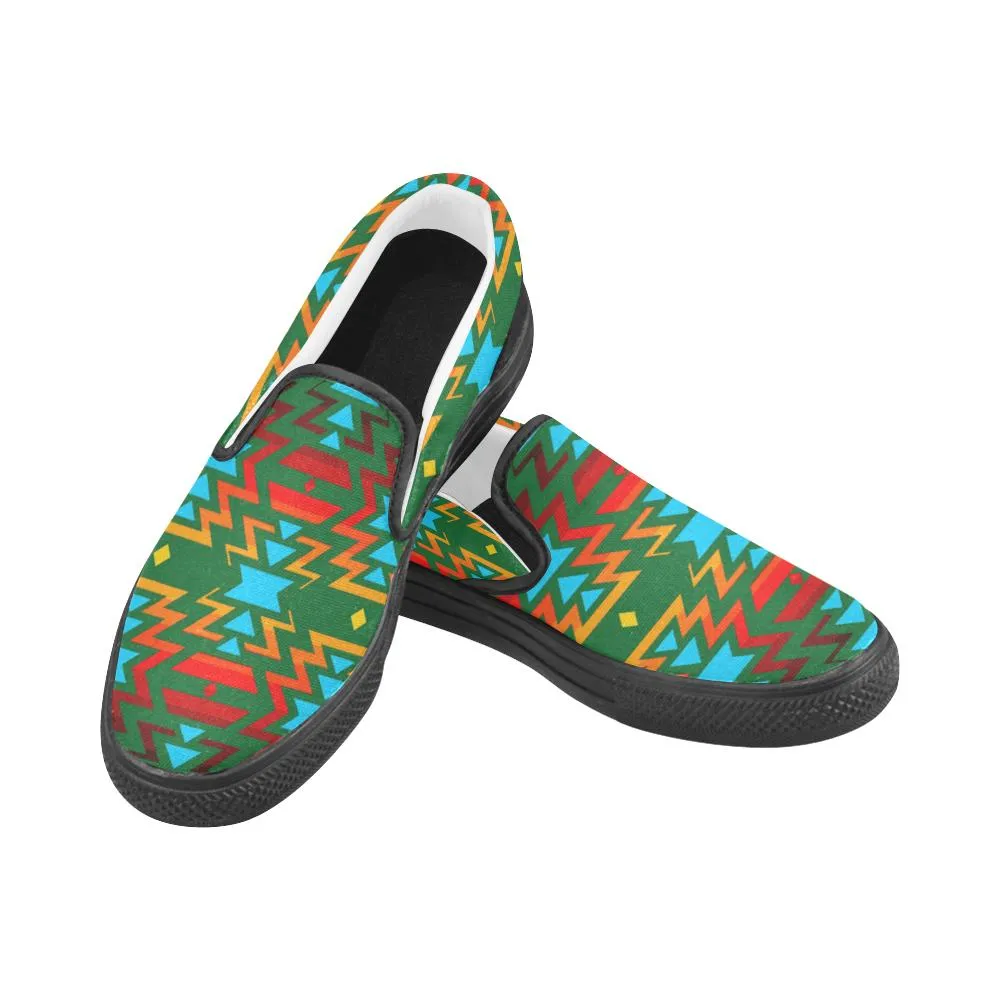 Big Pattern Fire Colors and Sky green Men's Unusual Slip-on Canvas Shoes