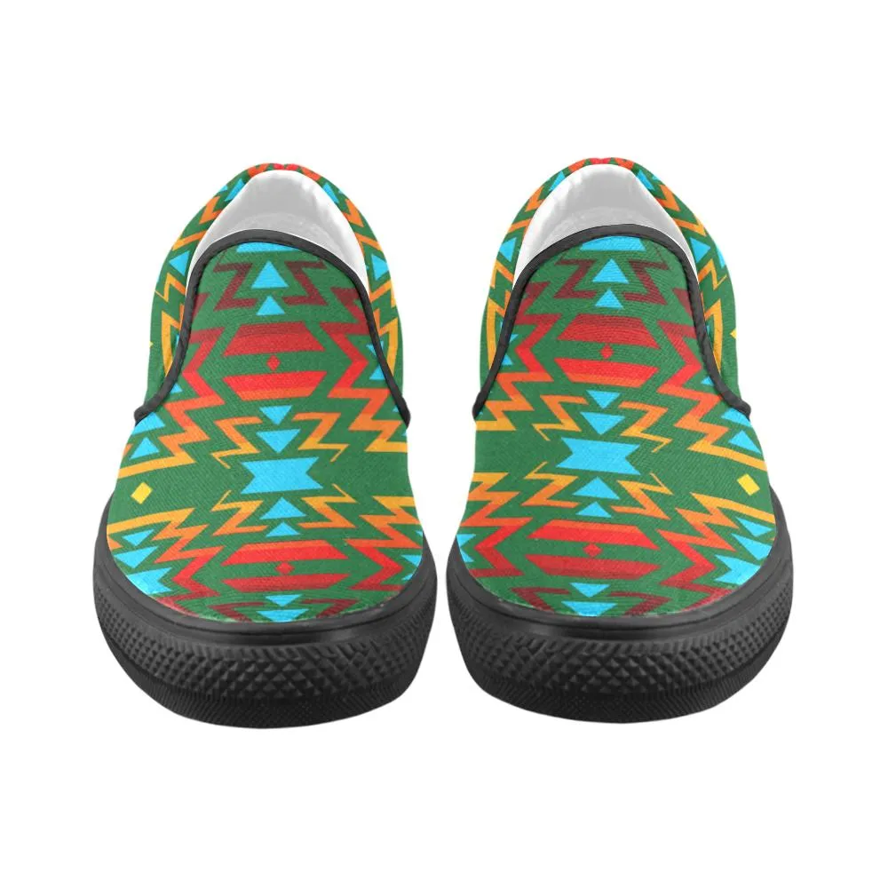 Big Pattern Fire Colors and Sky green Women's Unusual Slip-on Canvas Shoes