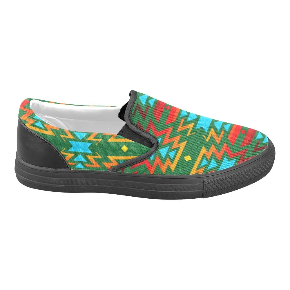 Big Pattern Fire Colors and Sky green Women's Unusual Slip-on Canvas Shoes