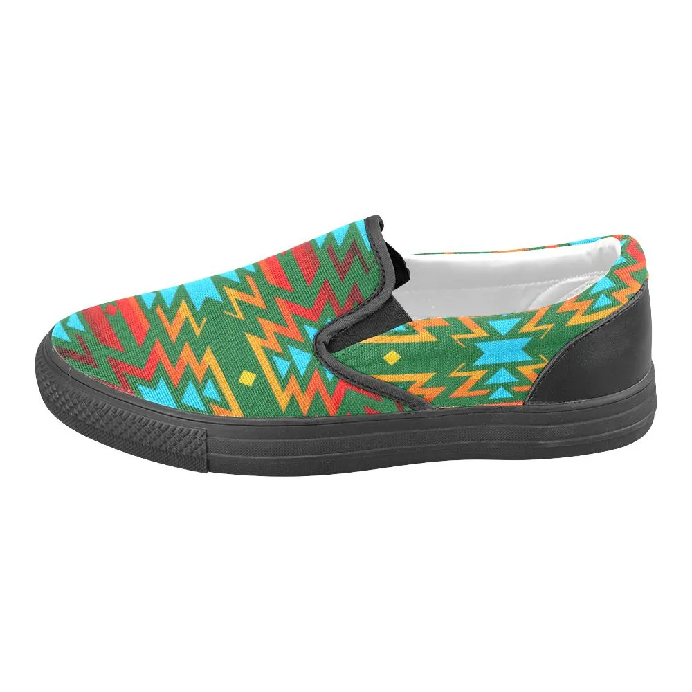 Big Pattern Fire Colors and Sky green Women's Unusual Slip-on Canvas Shoes