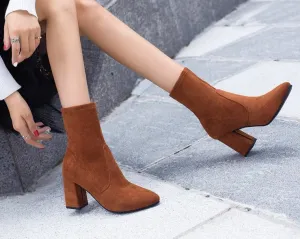 Black Brown Flock Thick Heel Ankle Boots Women Winter Shoes Nice Elegant High Heel Pointed Toe Keep Warm Short Booties Ladies