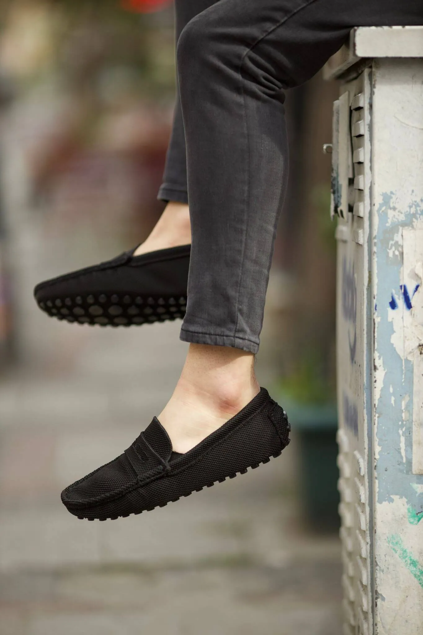 Black  Knitwear Leather Loafers.