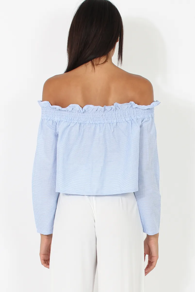 Blue Stripe Off Shoulder Crop Top - Violetta