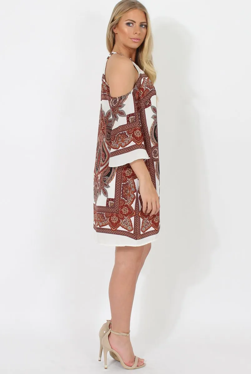 Brown Print Cold Shoulder Dress - Khaleesi