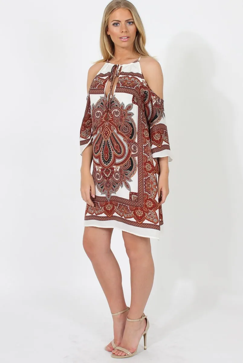 Brown Print Cold Shoulder Dress - Khaleesi