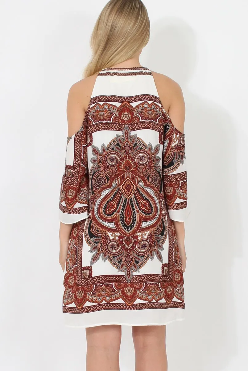 Brown Print Cold Shoulder Dress - Khaleesi