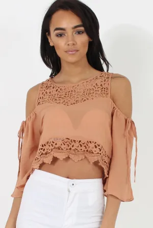 Camel Cold Shoulder Crochet Crop Top - Carlene