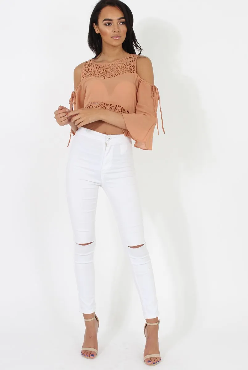 Camel Cold Shoulder Crochet Crop Top - Carlene