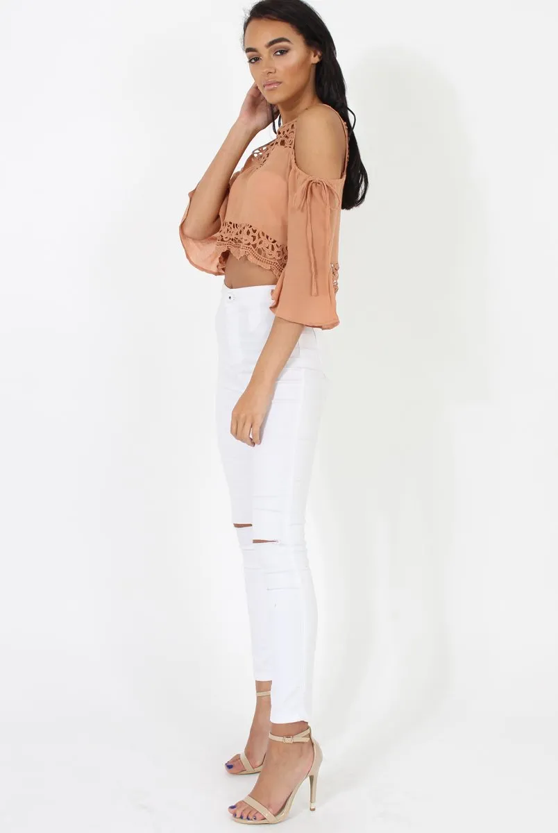 Camel Cold Shoulder Crochet Crop Top - Carlene