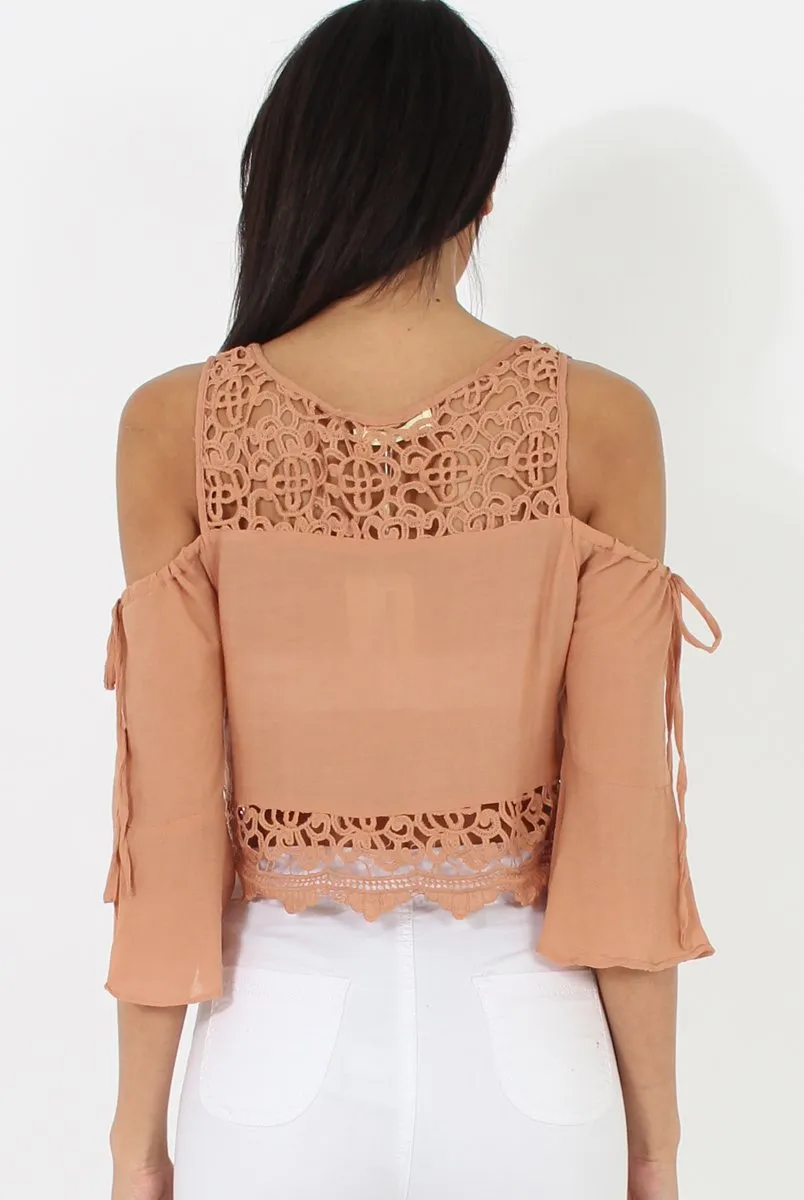 Camel Cold Shoulder Crochet Crop Top - Carlene