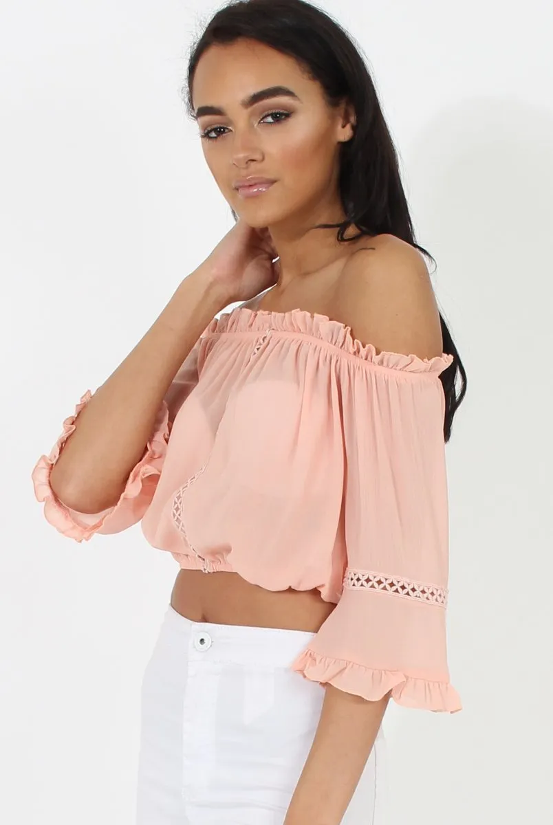 Coral Bardot Crochet Detail Crop- Bernie