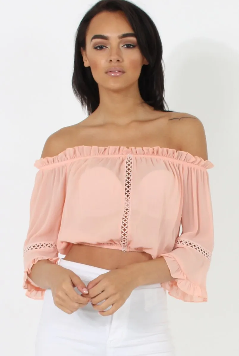 Coral Bardot Crochet Detail Crop- Bernie