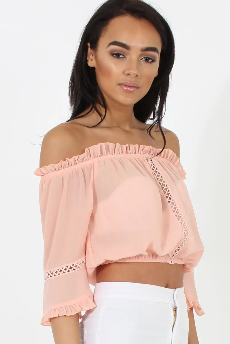 Coral Bardot Crochet Detail Crop- Bernie