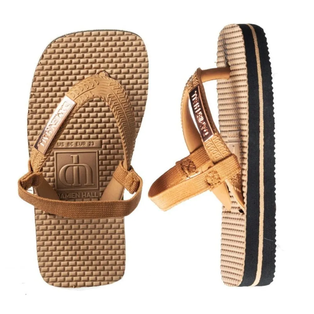 Damien Hall Boutique Kids Tan Thongs Rose Gold Badge With Straps