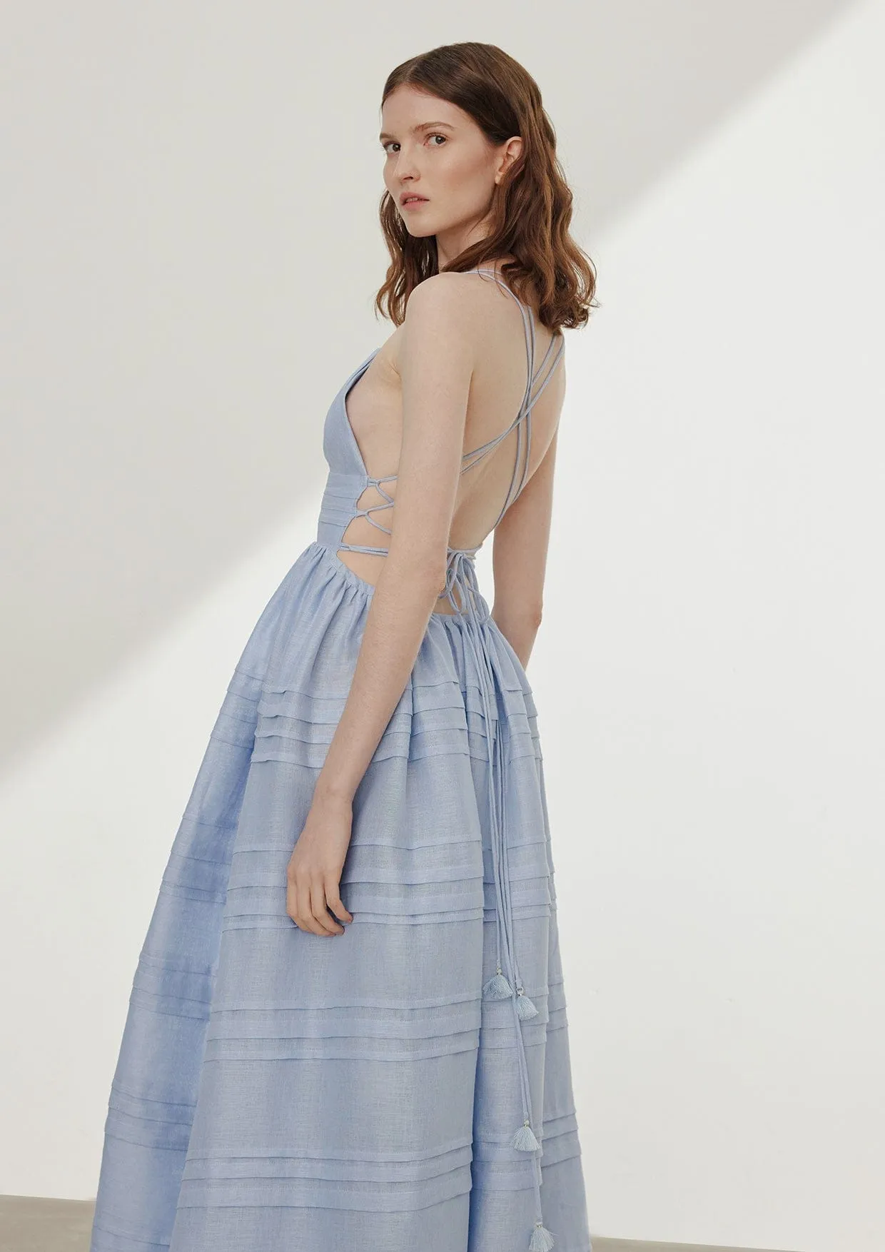 Delphinium Open Back Linen Maxi Dress