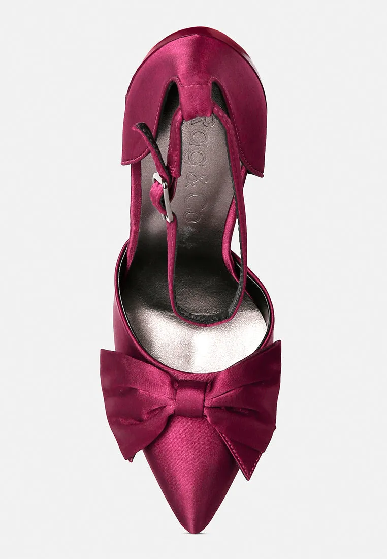 DINGLES Burgundy Bow Embellished Satin Stiletto Sandals