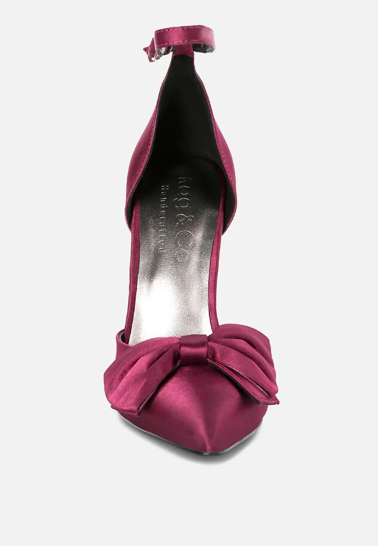 DINGLES Burgundy Bow Embellished Satin Stiletto Sandals