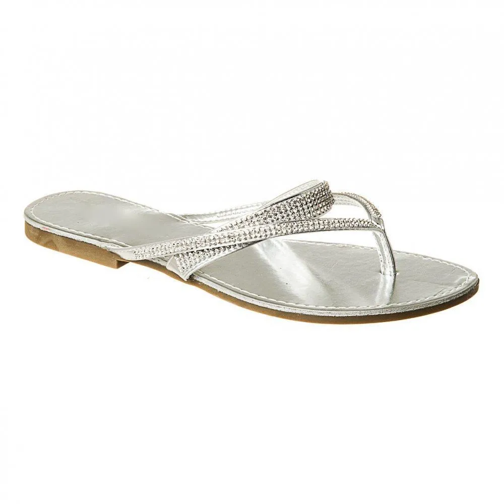 Flat Mule Sandal With Diamante Straps And Toe Post