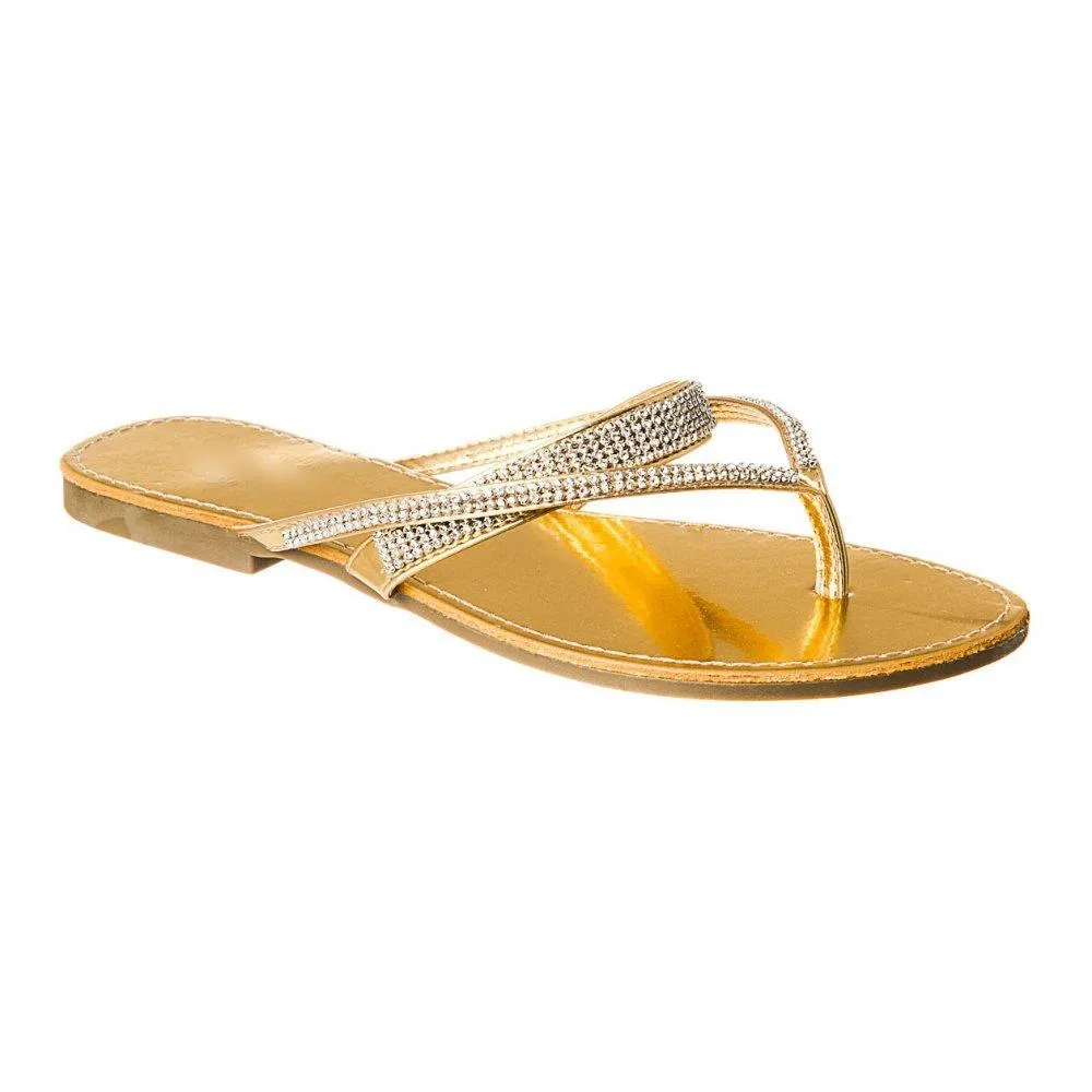 Flat Mule Sandal With Diamante Straps And Toe Post