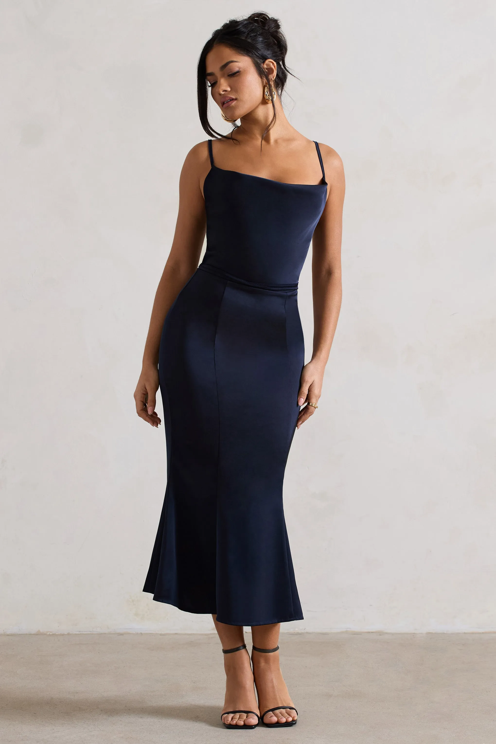 Just A Moment | Navy Satin Cowl-Neck Midi Dress With Tie Waist