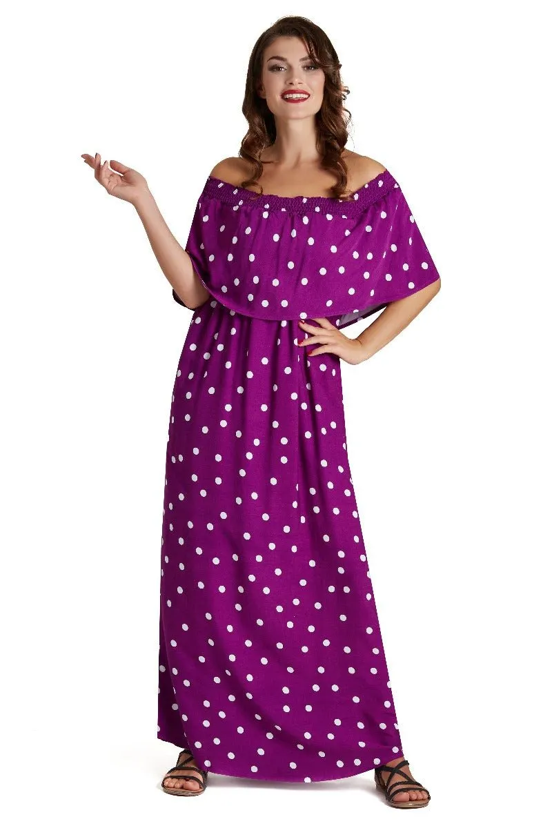 Karen Two-Way Off-Shoulder Maxi Dress in Polka Dot Print