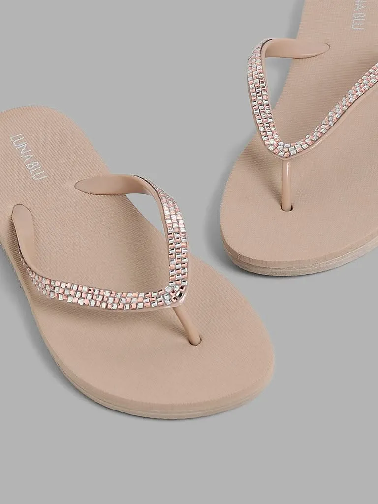 LUNA BLU Tan Embellished Flip Flop