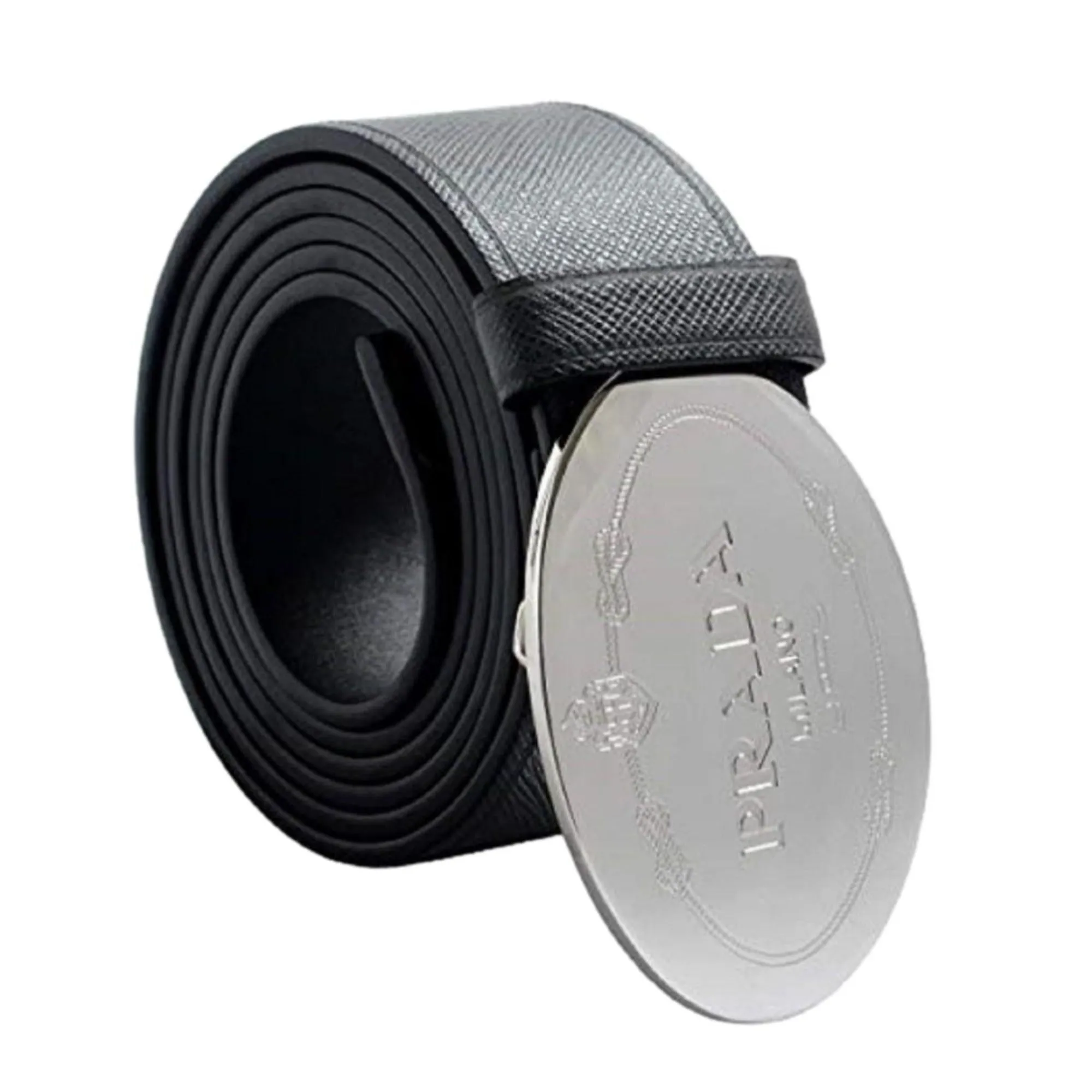 Prada Black Saffiano Leather Engraved Oval Plaque Buckle Belt 110/44