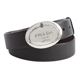 Prada Black Saffiano Leather Engraved Oval Plaque Buckle Belt 110/44